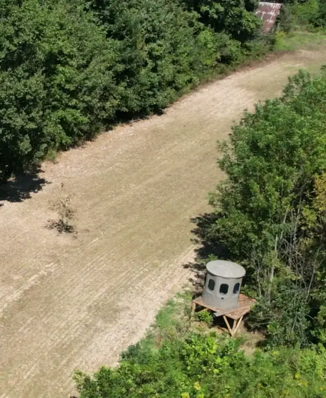 Areal view of a food plot surrounded by woods with a hunting blind on the parameter
