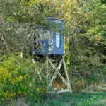 Poplar Combo XT Blind in Fog Gray on elevated stand in woods