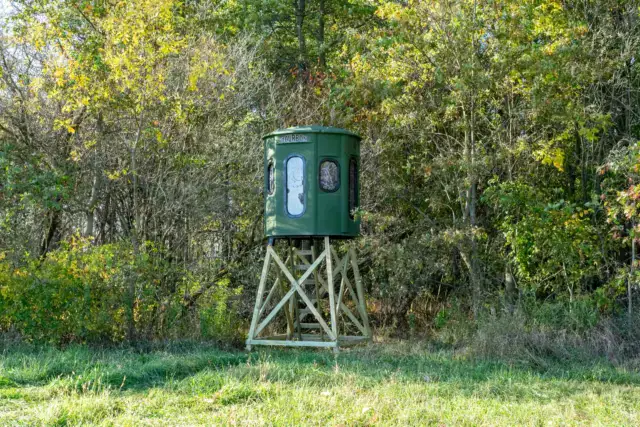 Poplar Combo XT Blind in Forest Green with gun and bow windows set in woods