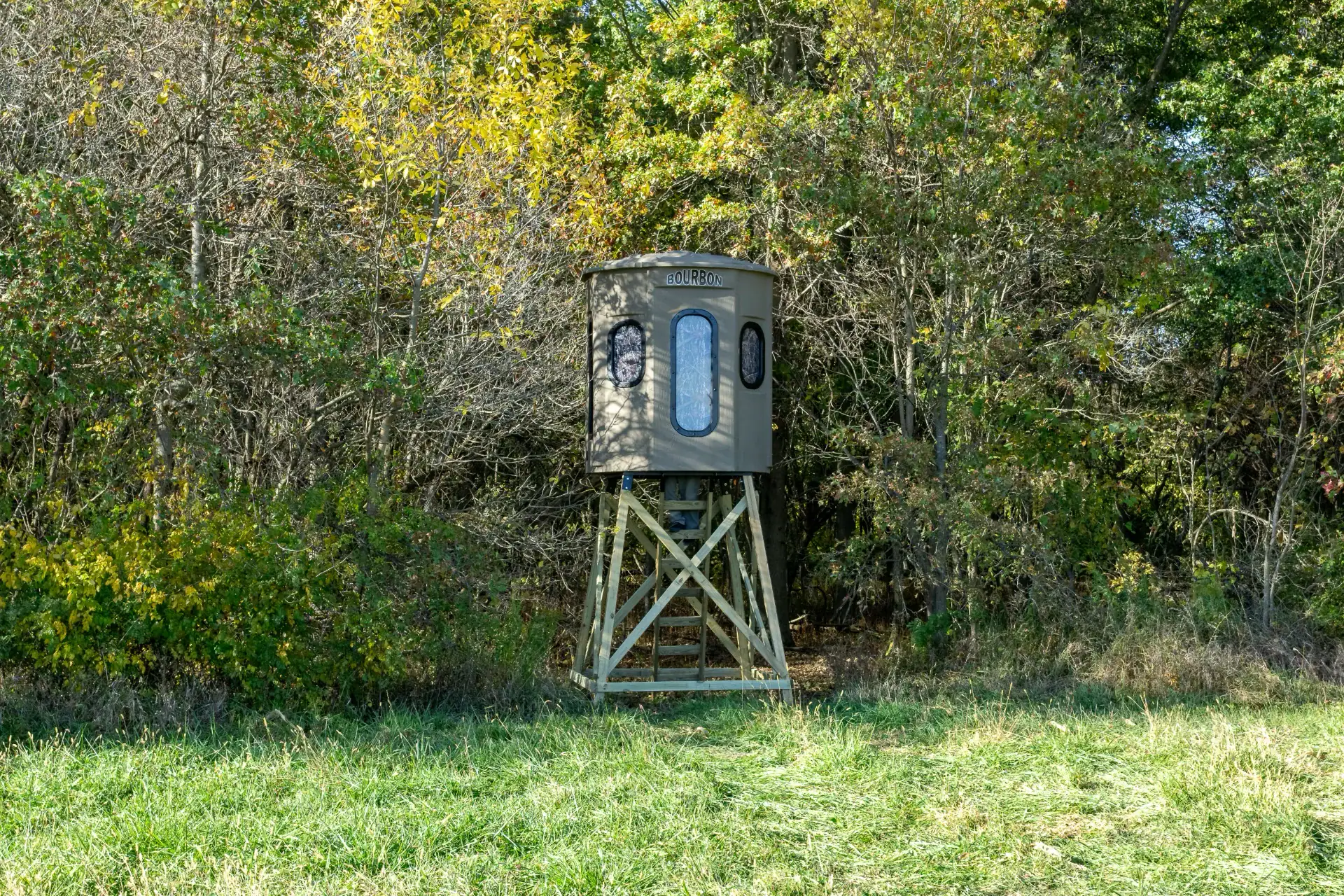 Poplar Combo XT Blind in Tree Trunk color with gun and bow windows set in woods
